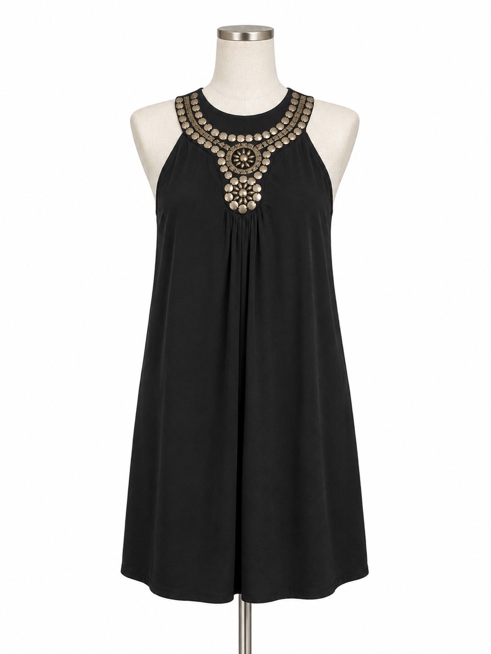 Boho Glam Black Gold Studded Halter Midi Dress Size 10 Wedding Guest